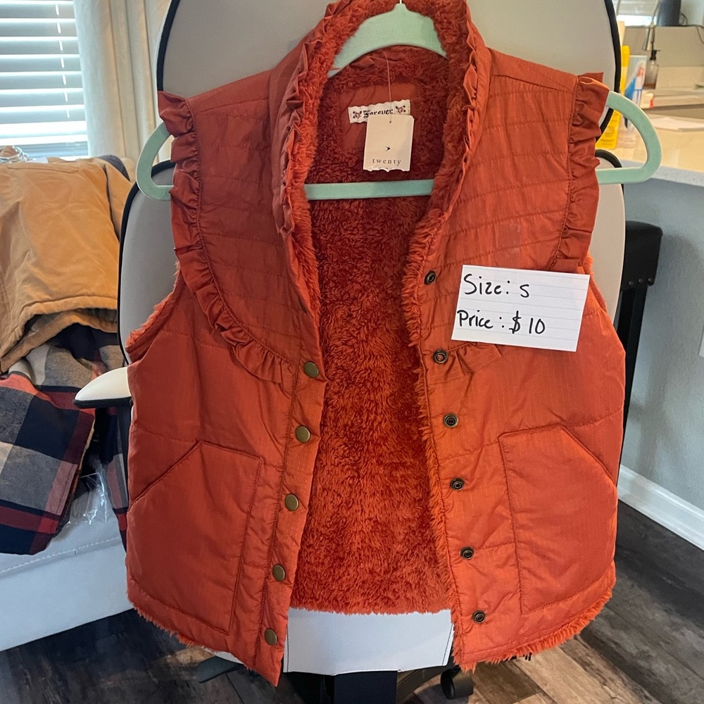 Orange Quilted Vest with Ruffle Trim